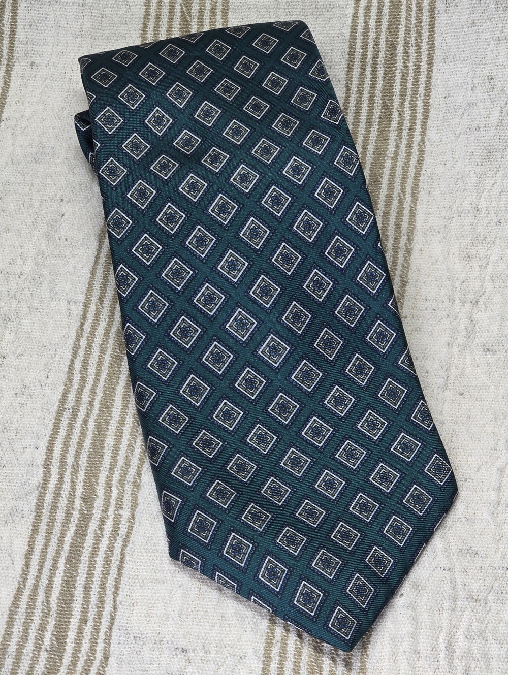 Vintage Silk Henri Christian Teal Green Geometric Tie Wedding Formal Prom Summer
